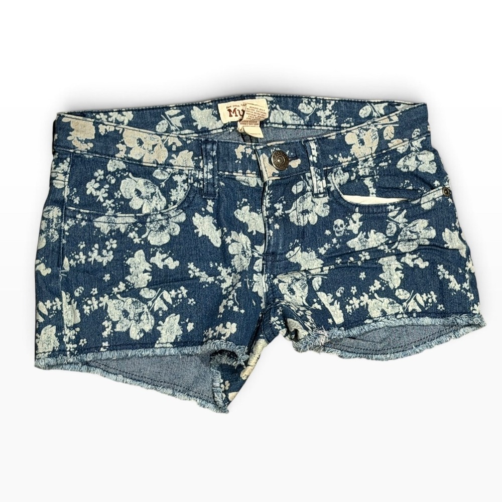 Vintage Mudd Blue Floral Shortie Low Rise Denim Shorts Frayed‎ Hem Size 0 Y2K